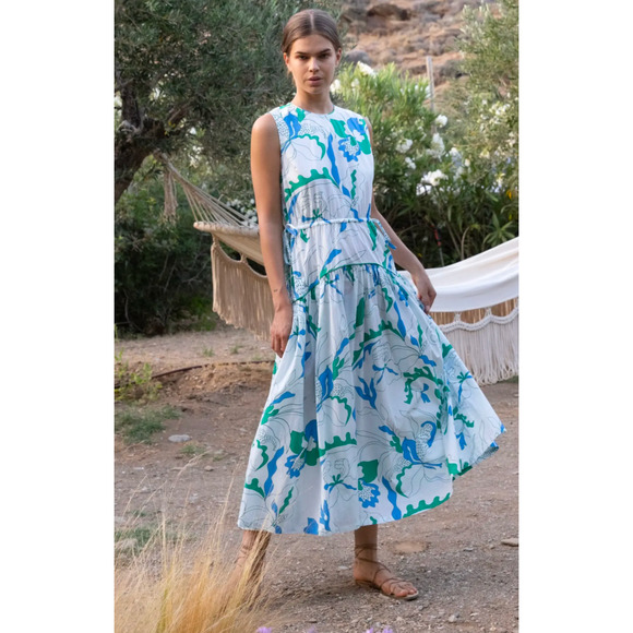 Oliphant Dresses & Skirts - Oliphant Floral Midi Dress Sleeveless Piped Resort XS Blue Green Cotton NWT